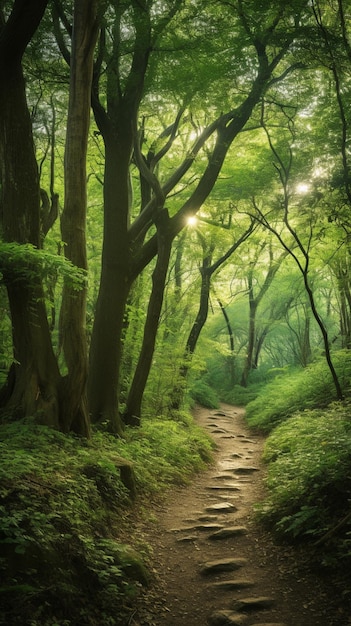 Ein Weg in einem Wald, auf den die Sonne scheint.