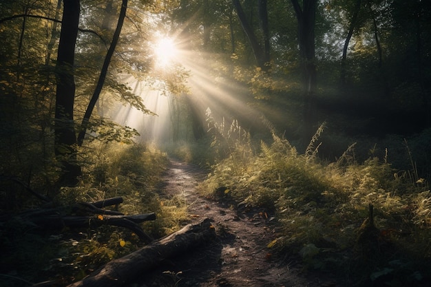 Ein Weg in einem Wald mit der Sonne, die durch die Bäume scheint