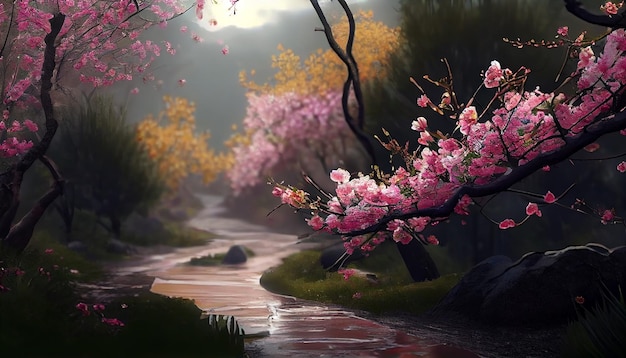 Ein Weg voller Kirschblüten im Frühling