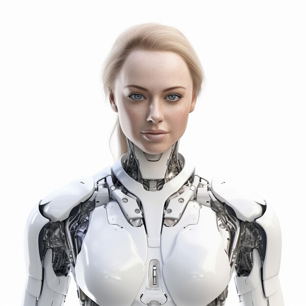 Foto ein weiblicher roboter mit blauen augen und weißem kopfschmuck