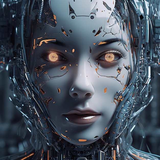 Ein weiblicher Roboter mit rissigem Gesicht im futuristischen Look