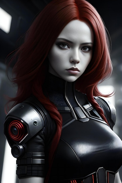 Ein weiblicher Roboter mit roten Haaren und futuristischem Make-up
