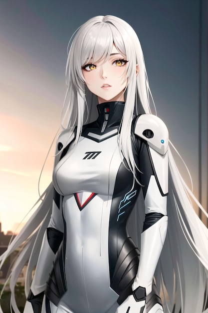 Ein weibliches Anime-Mädchen mit langen weißen Haaren und Piloten-Bodysuit