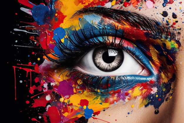 Ein weibliches Auge mit farbenfrohem Make-up, das sich mit Farbtränen vermischt und Schönheit und Kreativität betont