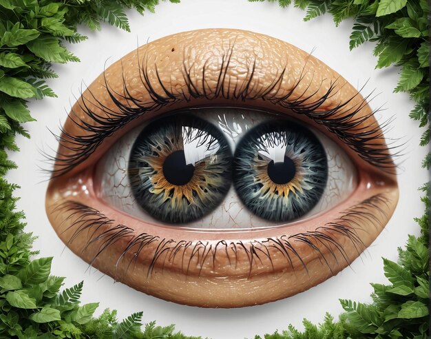 ein weibliches Auge mit grünen Blättern um ihn herum