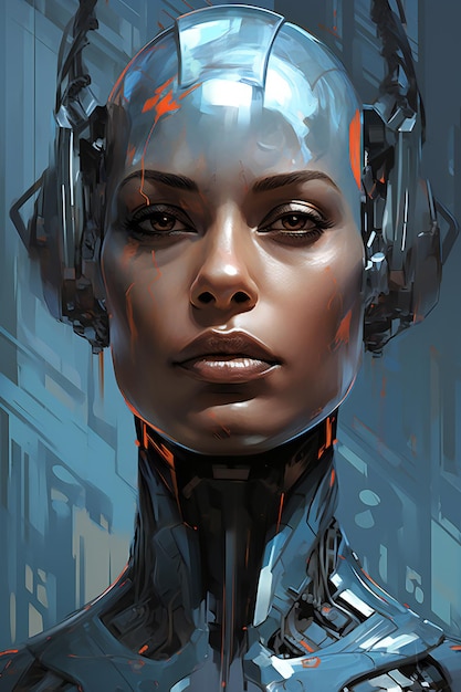 Ein weibliches Cyborg-Gesicht in einem futuristischen Hintergrund