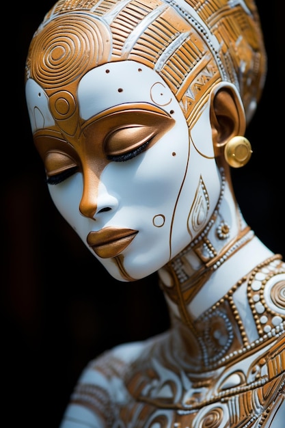 ein weibliches Gesicht, das mit weißem und goldenem ozeanischem geschnitztem Holz auf schwarzem Hintergrund bedeckt ist