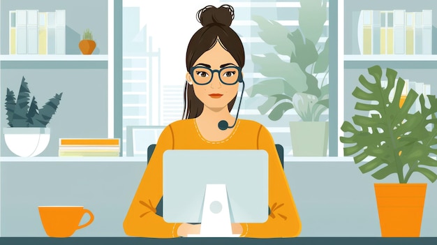 Ein weibliches Kundendienst-Mädchen sitzt vor dem Computer und beantwortet das Telefon.