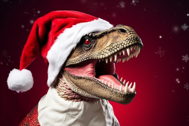 Ein weihnachtlicher Dinosaurier trägt einen Weihnachtsmannshut