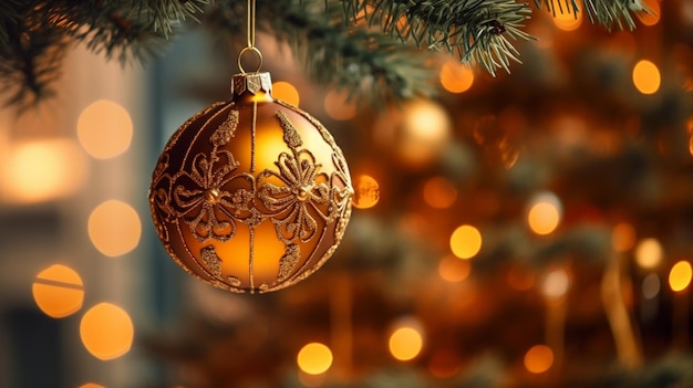 Ein Weihnachtsbaum, an dem eine goldene Verzierung hängt