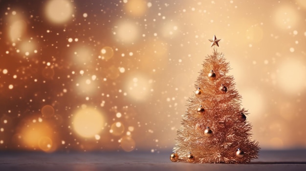 Ein Weihnachtsbaum, der mit farbenfrohen weihnachtskugeln gegen einen festlichen Bokeh-Hintergrund mit Copyspace geschmückt ist