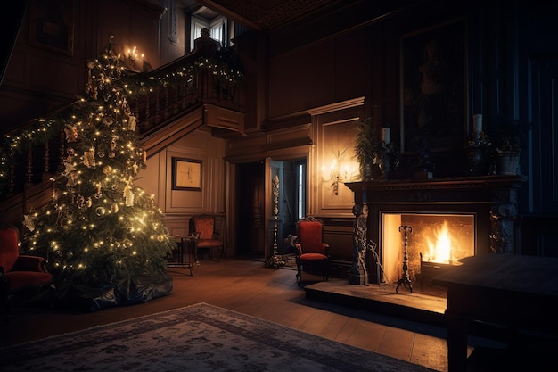 Ein Weihnachtsbaum in einem dunklen Raum mit Kamin und einem Mann, der auf einem Stuhl sitzt.