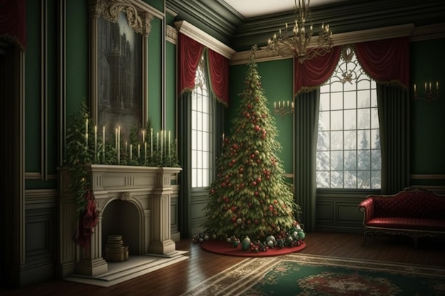 Ein Weihnachtsbaum in einem grünen Raum mit Kamin und Kamin.