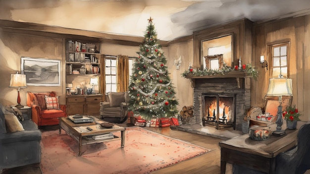 Ein Weihnachtsbaum in einem Wohnzimmer mit Kamin und ein Weihnachtsbaum in der Ecke.