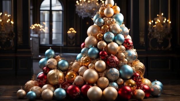Ein Weihnachtsbaum ist mit Ornamenten und Schmuck geschmückt.