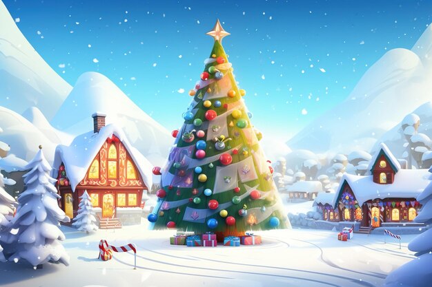 ein Weihnachtsbaum mit einem Haus und einem mit Schnee bedeckten Dach