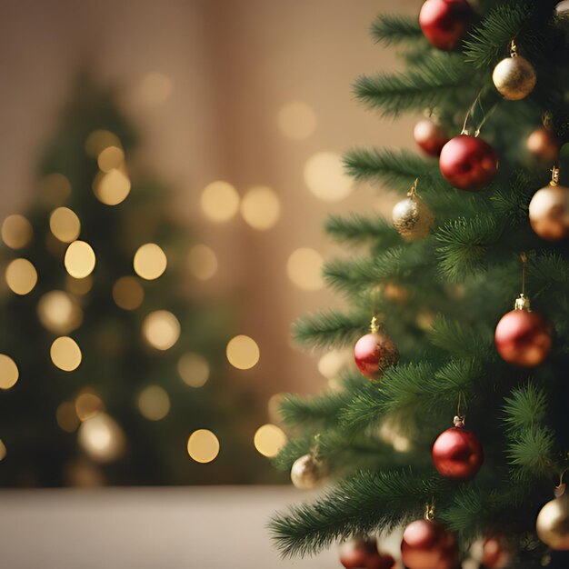 ein Weihnachtsbaum mit einem roten Ball und einem grünen Baum im Hintergrund