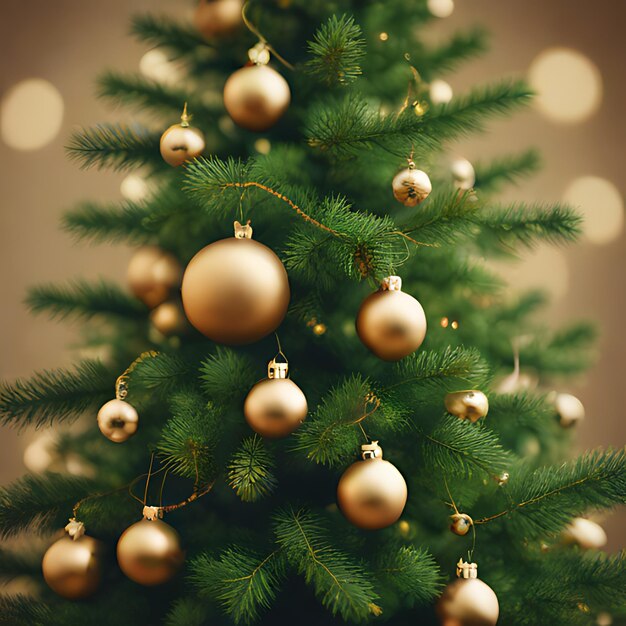 Foto ein weihnachtsbaum mit einer goldenen kugel und einem grünen baum mit verschwommenem hintergrund