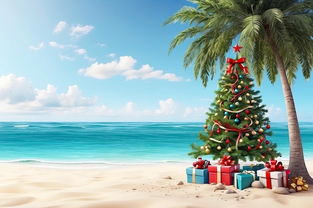 Ein Weihnachtsbaum mit Geschenkkisten auf dem Ozean mit Palmen Eine Touristenreise zu Weihnachten