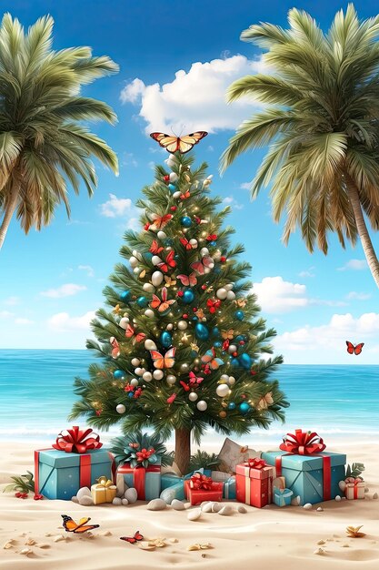 Ein Weihnachtsbaum mit Geschenkkisten auf dem Ozean mit Palmen Eine Touristenreise zu Weihnachten
