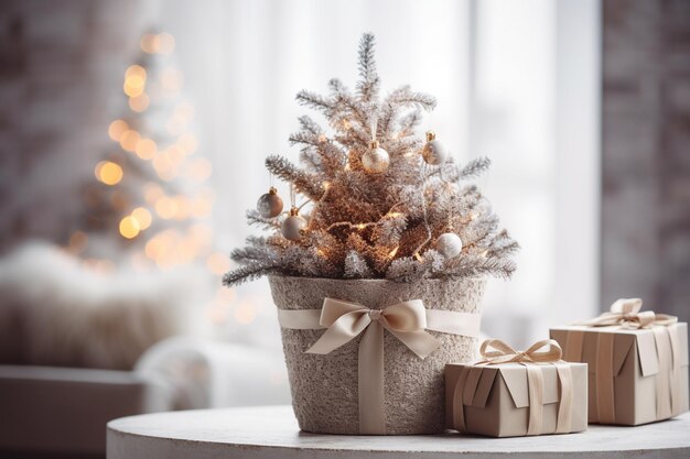 Ein Weihnachtsbaum mit Lichtern und einer Geschenkbox auf einem Tisch