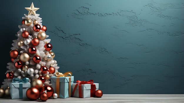 Foto ein weihnachtsbaum mit ornamenten und geschenken vor einer blauen wand