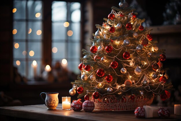 ein Weihnachtsbaum mit Ornamenten und Lichtern