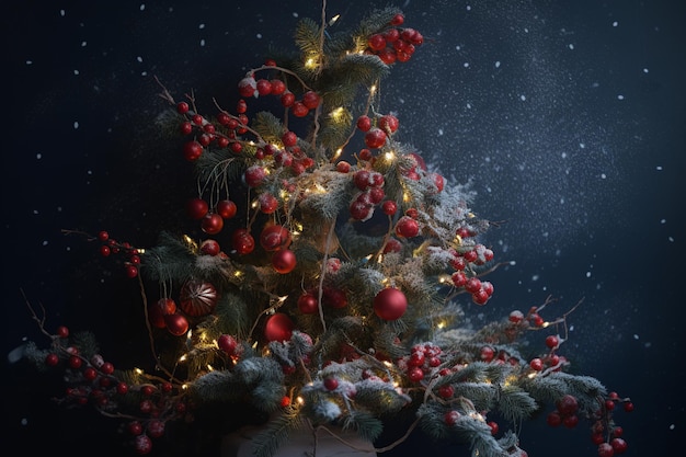 Ein Weihnachtsbaum mit roten Beeren und weißen Lichtern