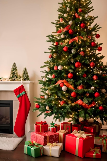 Ein Weihnachtsbaum mit roten und weißen Kugeln und einem roten Strumpf, auf dem Weihnachten steht.