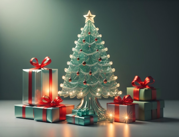 Ein Weihnachtsbaum steht neben einem Weihnachtsbaum mit einer roten Schleife.