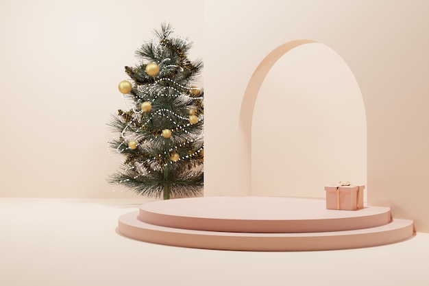 Ein Weihnachtsbaum und ein Geschenk mit weicher Roségoldkreisbühne