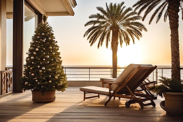 Foto ein weihnachtsbaum wird auf dem balkon eines hotels mit liegestühlen am meer im urlaub geschmückt