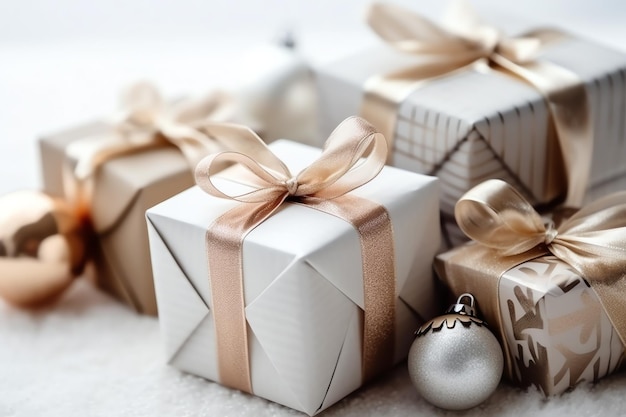 Ein Weihnachtsgeschenk Weihnachten oder Geschenkbox-Objekte auf Feiertagsstimmungshintergrund im Winter Frohe Weihnachten
