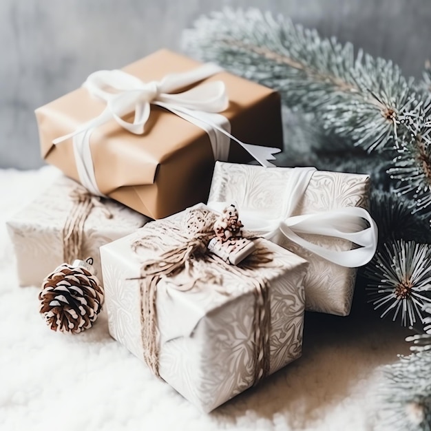 Foto ein weihnachtsgeschenk weihnachten oder geschenkkiste gegenstände auf urlaubsstimmung hintergrund im winter frohe weihnachten