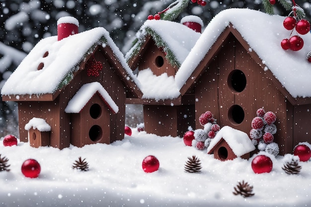 Ein Weihnachtsgeschichtenhaus mit einem roten Ball auf dem Dach