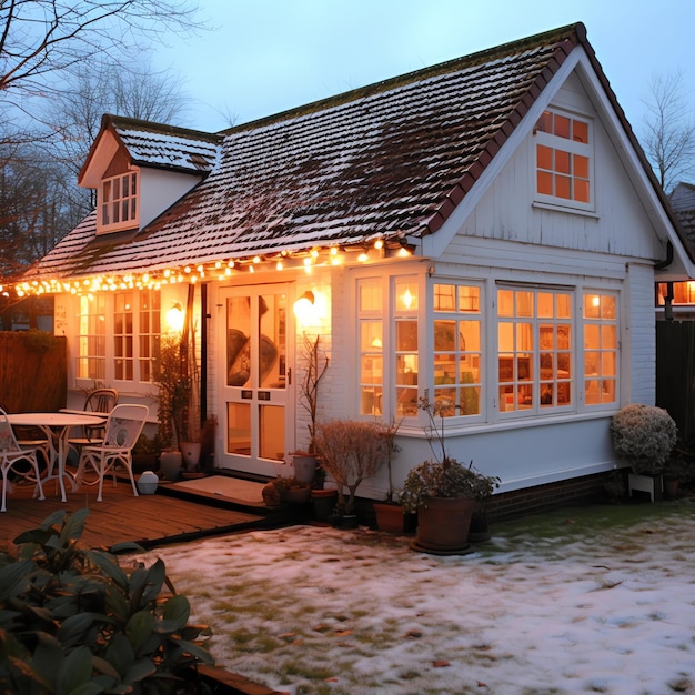 Foto ein weihnachtshaus mit dekorationen, schnee und weihnachtsbaum für die winterferien