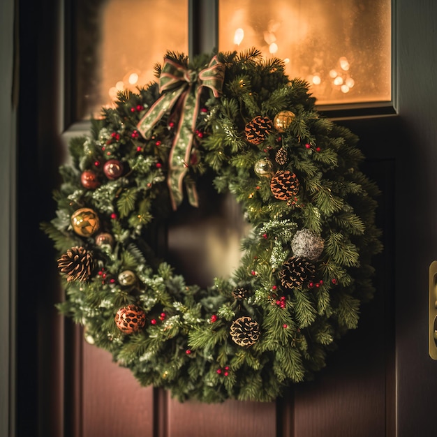 Ein Weihnachtskranz hängt an einer Tür mit einem goldenen Knauf.