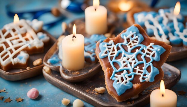 ein Weihnachtskuchen mit blauem sternförmigen Eis und einer Kerze auf einem Tablett