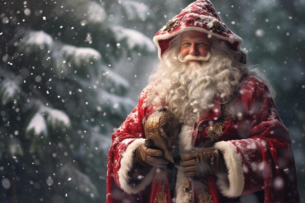 Ein Weihnachtsmann hält einen Stock in seinen Händen.