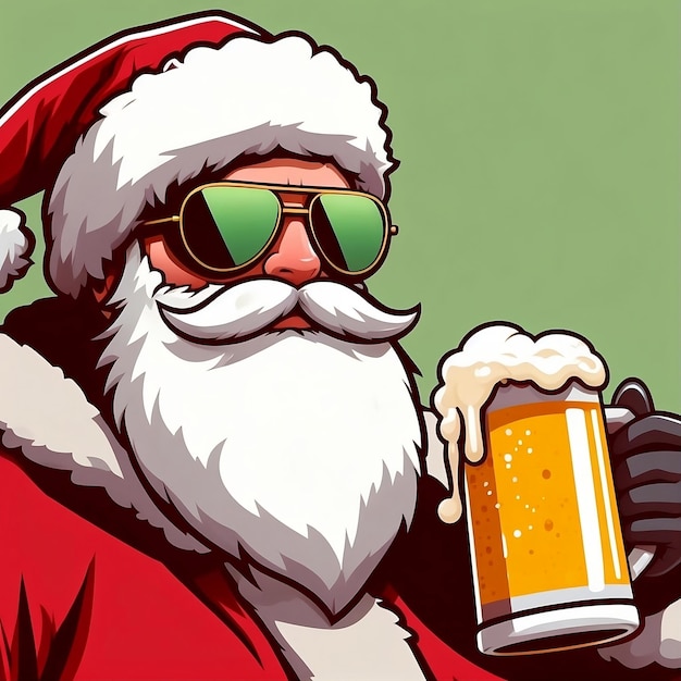 ein Weihnachtsmann mit Sonnenbrille trinkt Bier