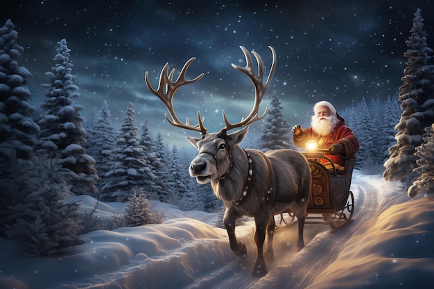 ein Weihnachtsmann reitet auf einem Schlitten mit einem Rentier