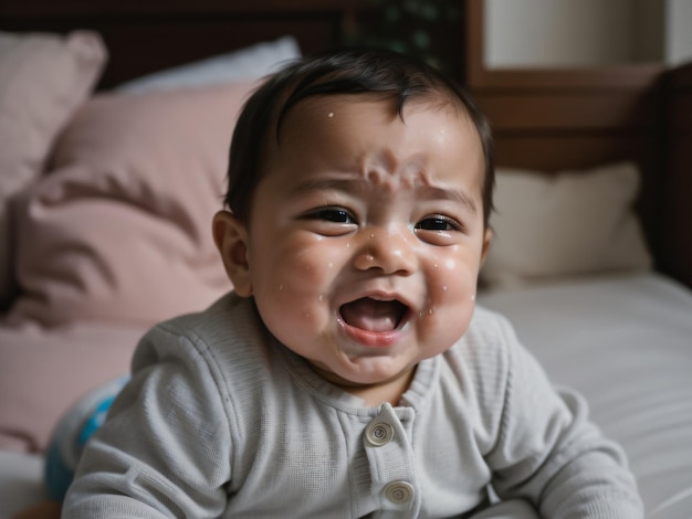 ein weinendes Baby mit schmutzigem Gesicht und einem Krümel im Gesicht