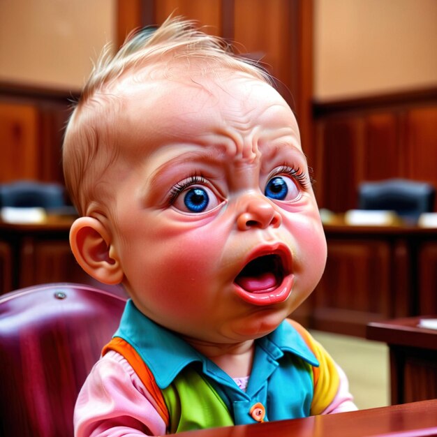 Foto ein weinendes, verärgertes, kindliches baby im gerichtssaal als angeklagter oder anwalt
