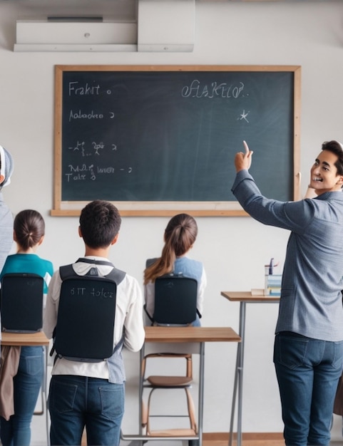 Ein weiser und erfahrener Lehrer steht vor einer Tafel, umgeben von eifrigen Schülern