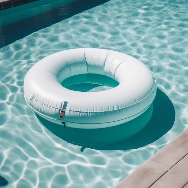 Ein weißer aufblasbarer Schlauch in einem Pool mit dem Wort Pool darauf.