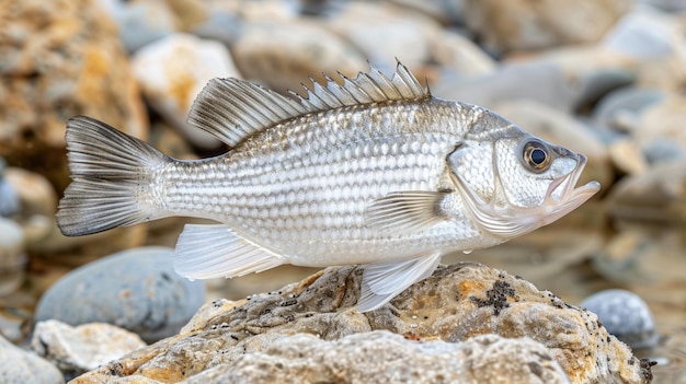 Foto ein weißer bassfisch im meerwasser mit einer großen pflanze, ein von ki generiertes foto