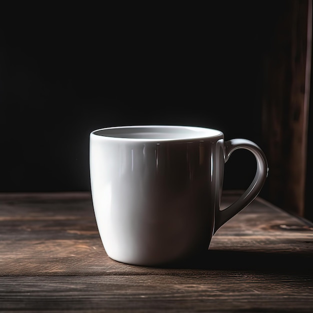 Ein weißer Becher auf einem Holztisch mit dunklem Hintergrund.