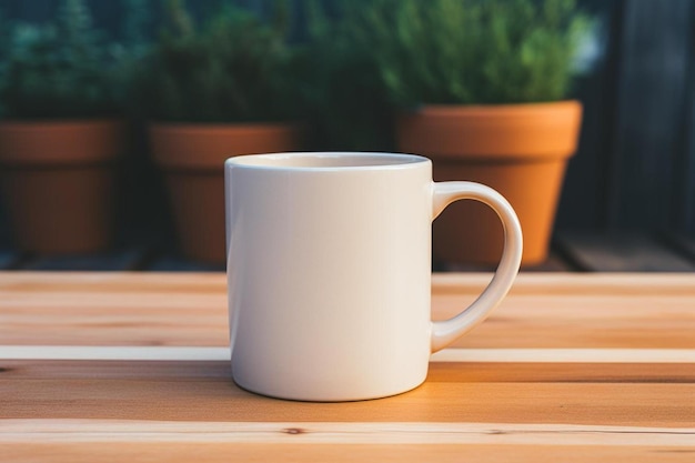 ein weißer Becher auf einem Tisch mit Topfpflanzen im Hintergrund.