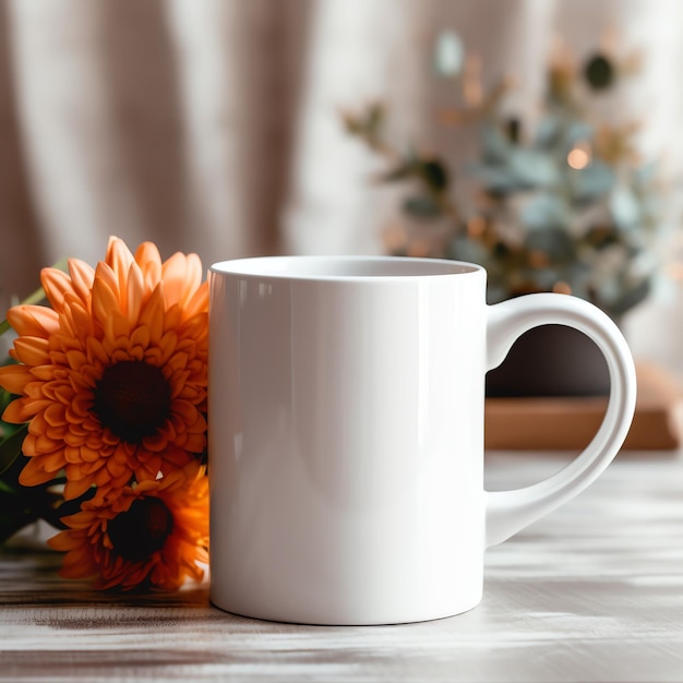 Ein weißer Becher mit Henkel neben einem Blumenstrauß