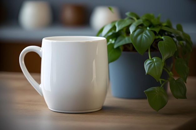 Foto ein weißer becher steht auf einem tisch neben einer pflanze.